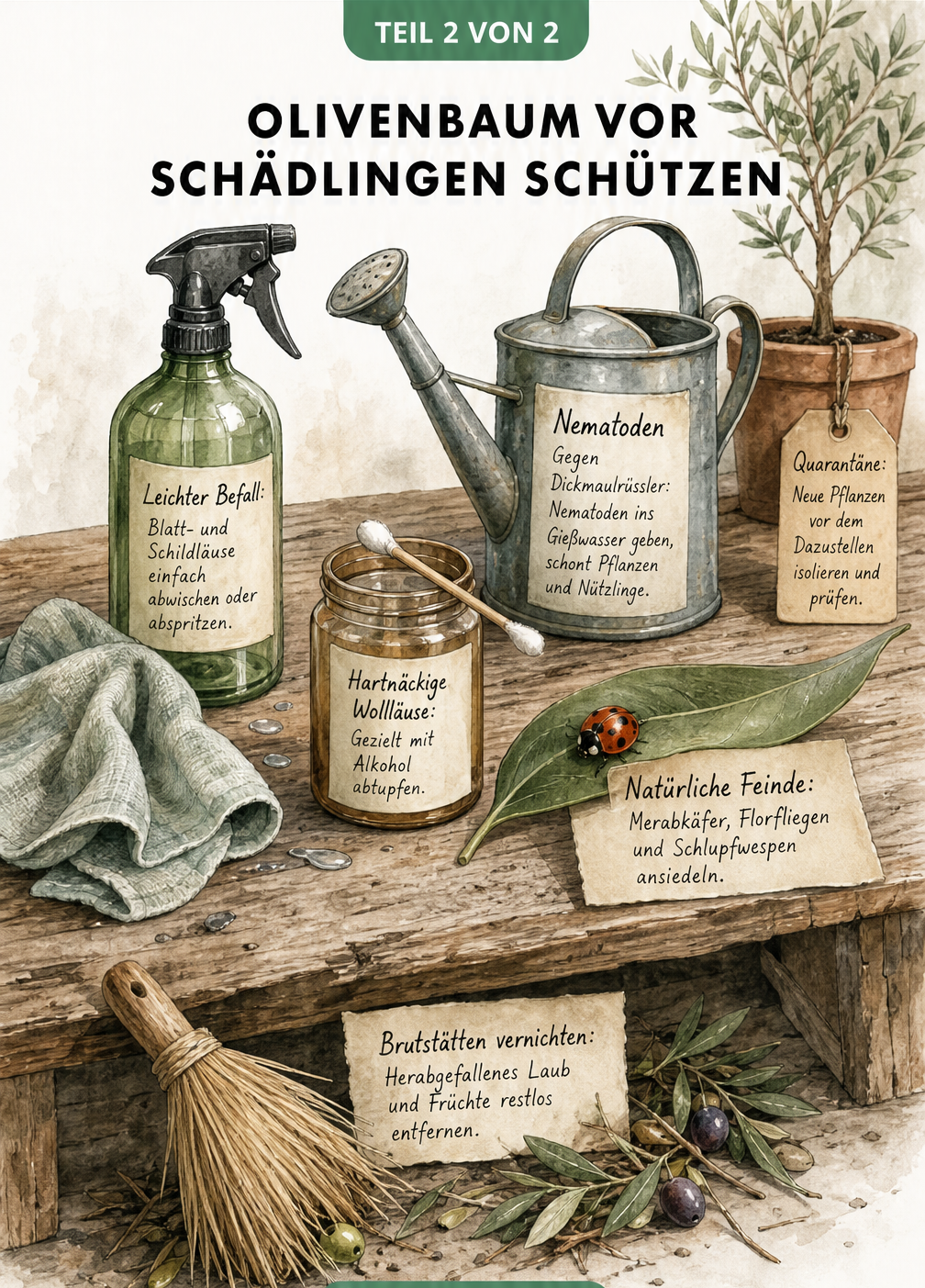 Illustration eines Pflanztisches mit Utensilien zur Bekämpfung von Olivenbaum-Schädlingen wie Alkohol, Nematoden und Marienkäfern