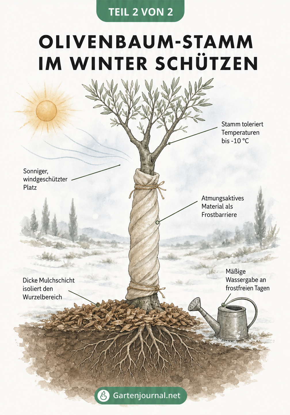 Schnittzeichnung eines jungen Olivenbaum-Stammes mit Winterschutz-Maßnahmen