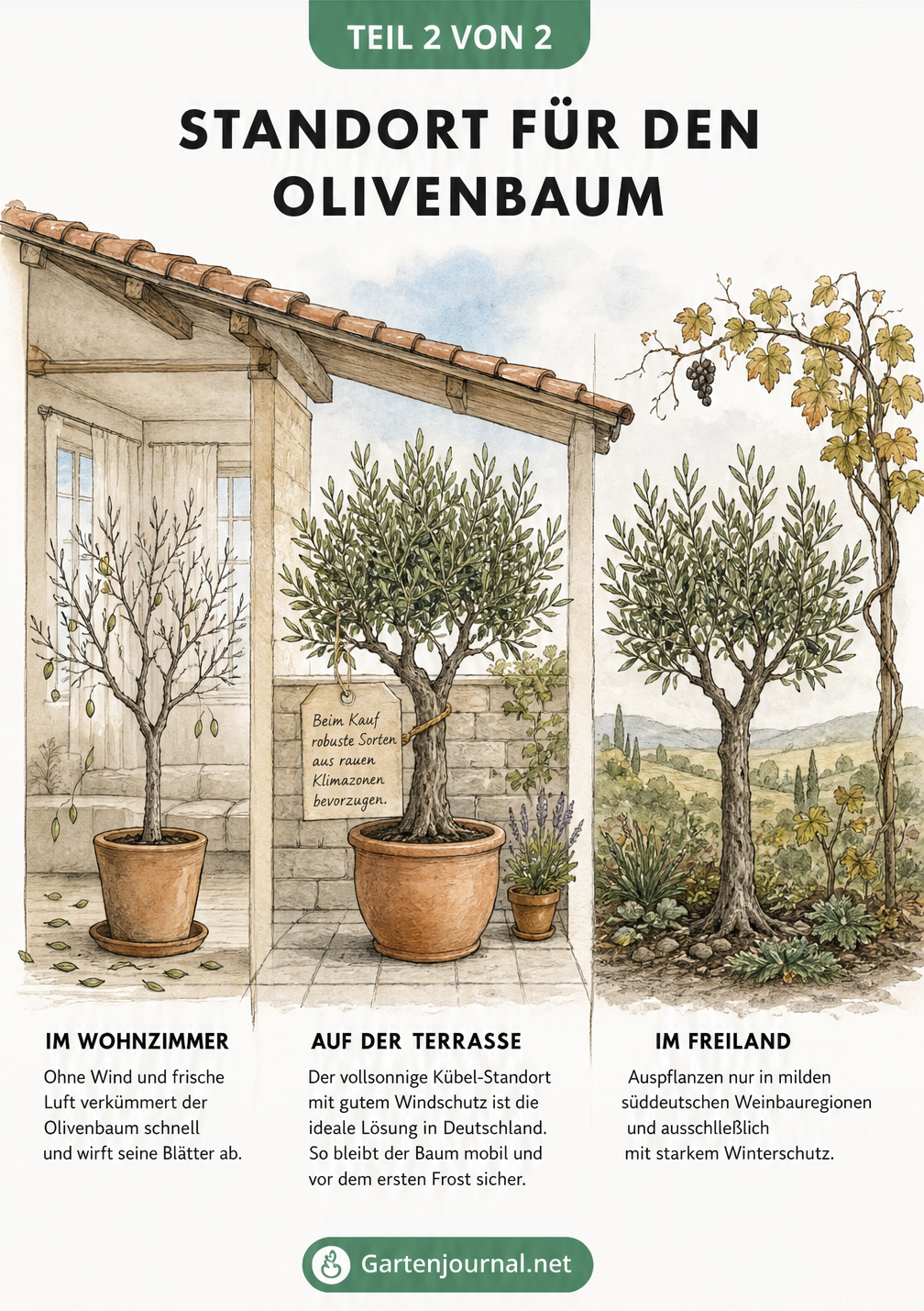 Architektur-Querschnitt mit drei Olivenbäumen: im Wohnzimmer, auf der Terrasse und im Freiland