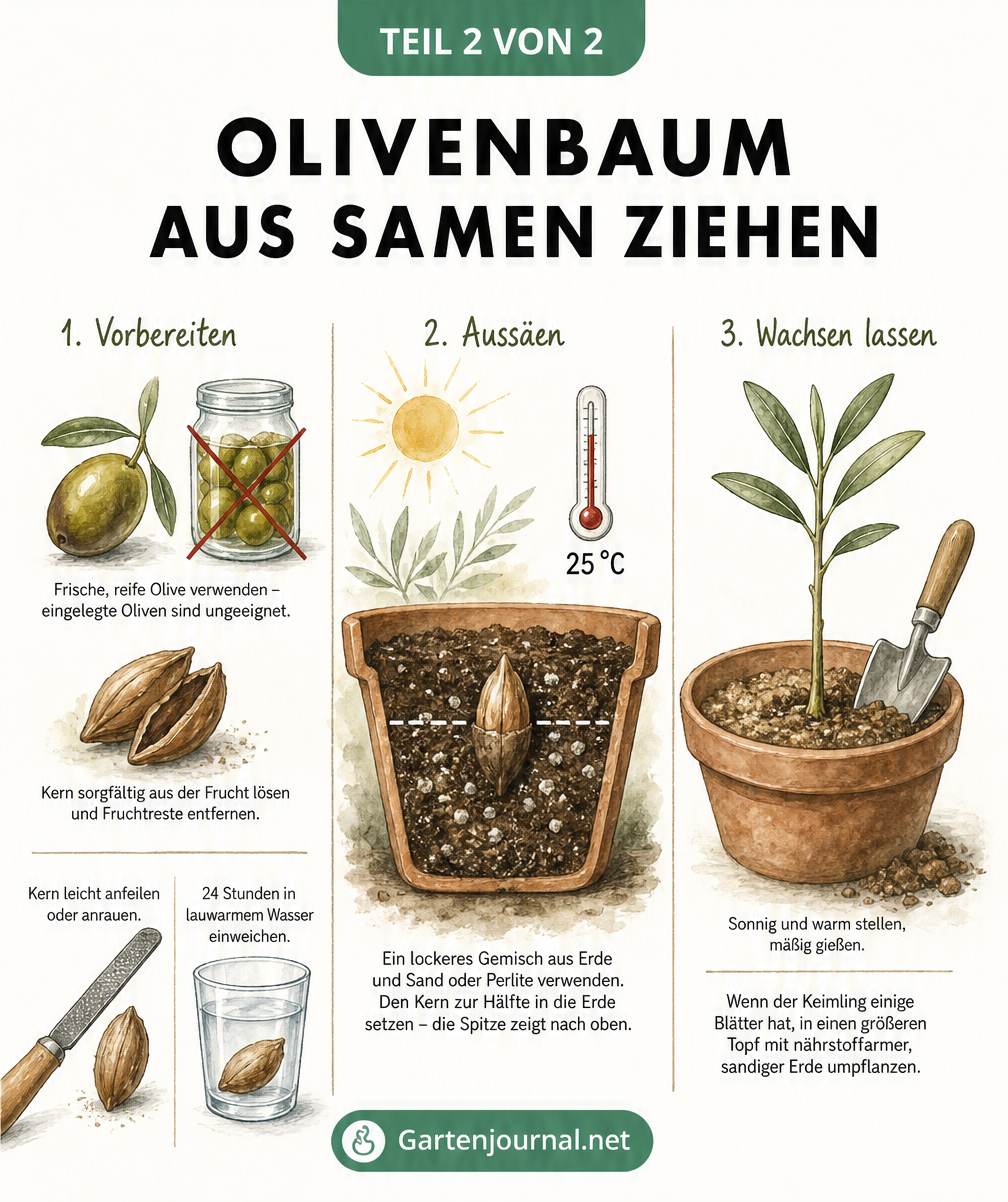 Illustration der Vermehrung eines Olivenbaums durch Stecklinge in Erde und Wasserglas