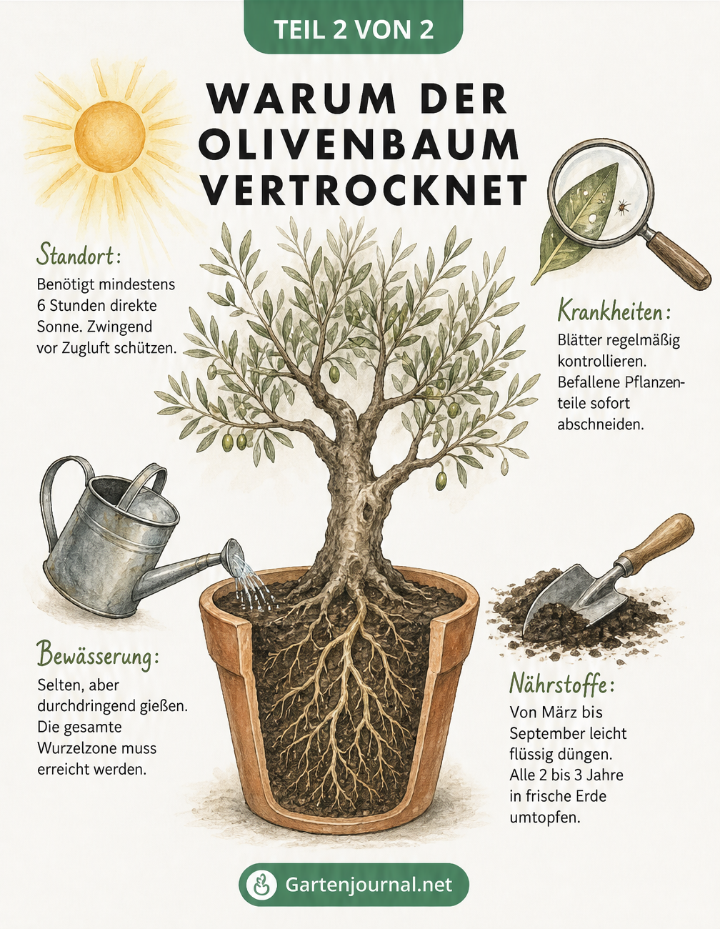 Illustration eines Olivenbaums im Kübel, die die vier Hauptursachen für das Vertrocknen zeigt: Standort, Krankheiten, Bewässerung und Nährstoffe.
