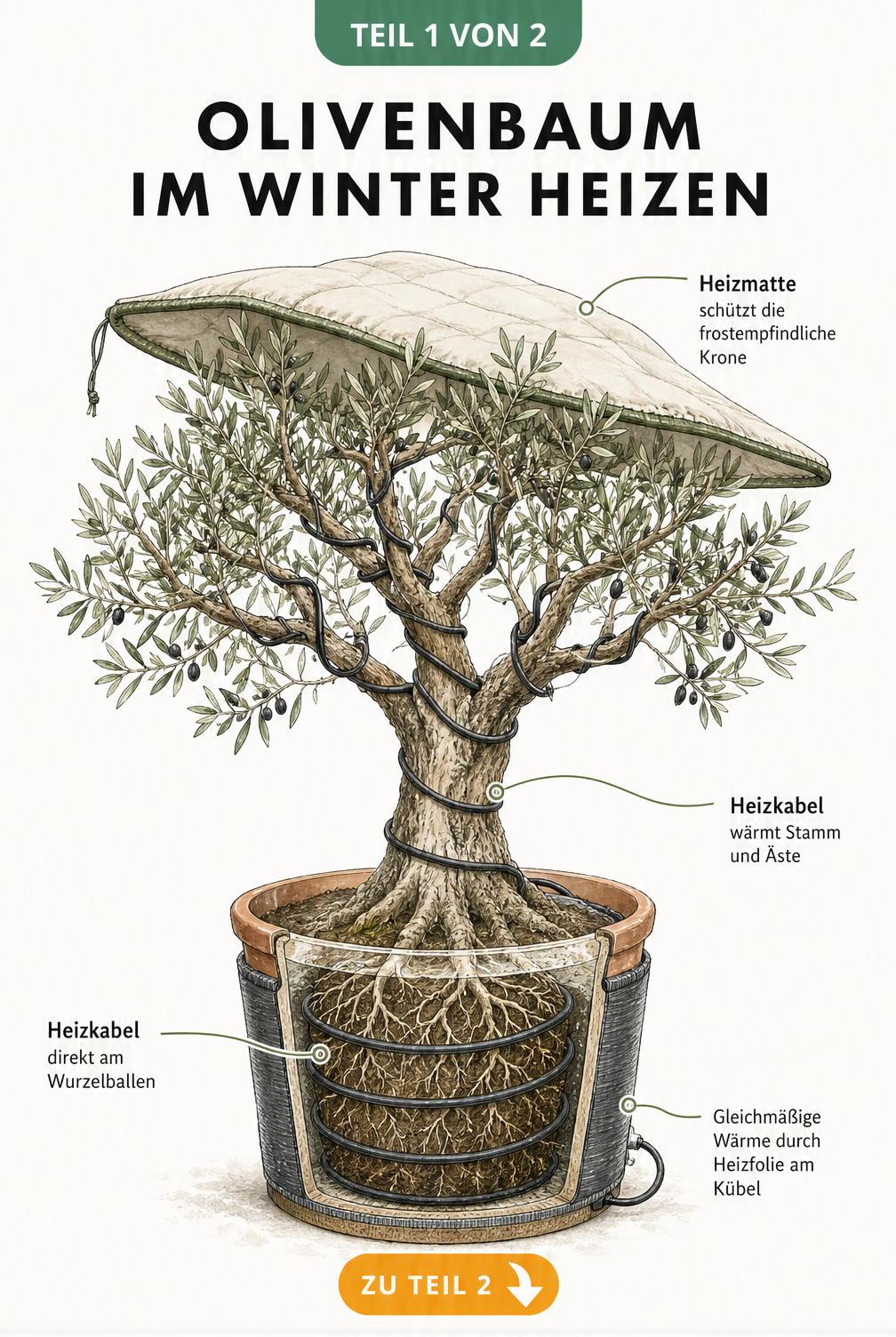 Illustration eines Olivenbaums im Kübel mit Heizkabel am Wurzelballen und Heizmatte über der Krone