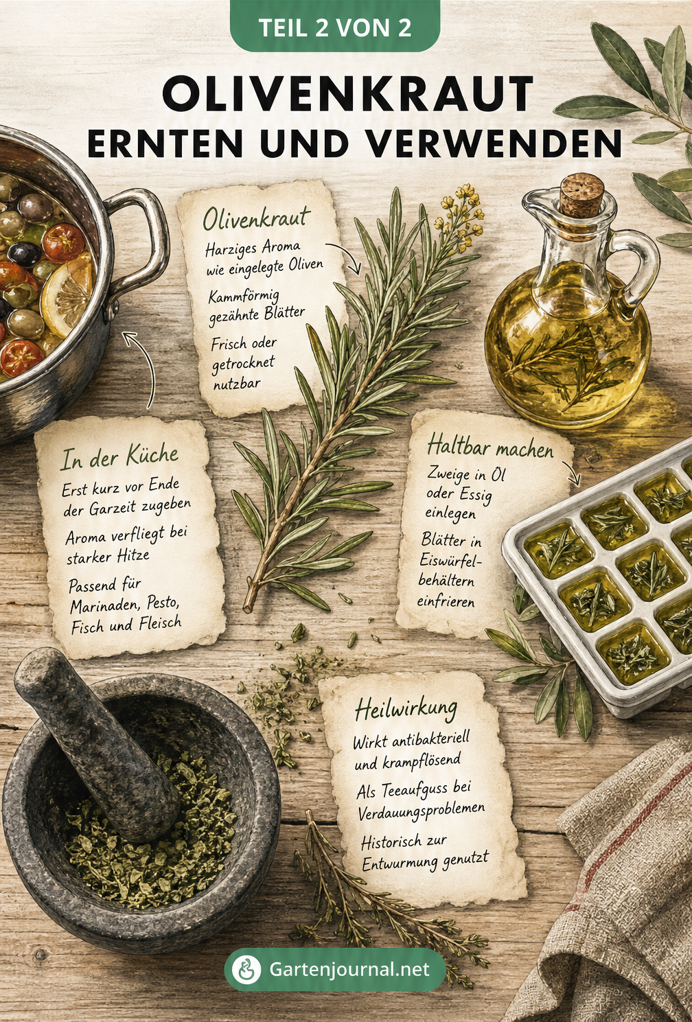 Illustration von frischem Olivenkraut auf einem Holztisch mit Mörser und Öl-Karaffe zur Erklärung der Verwendung
