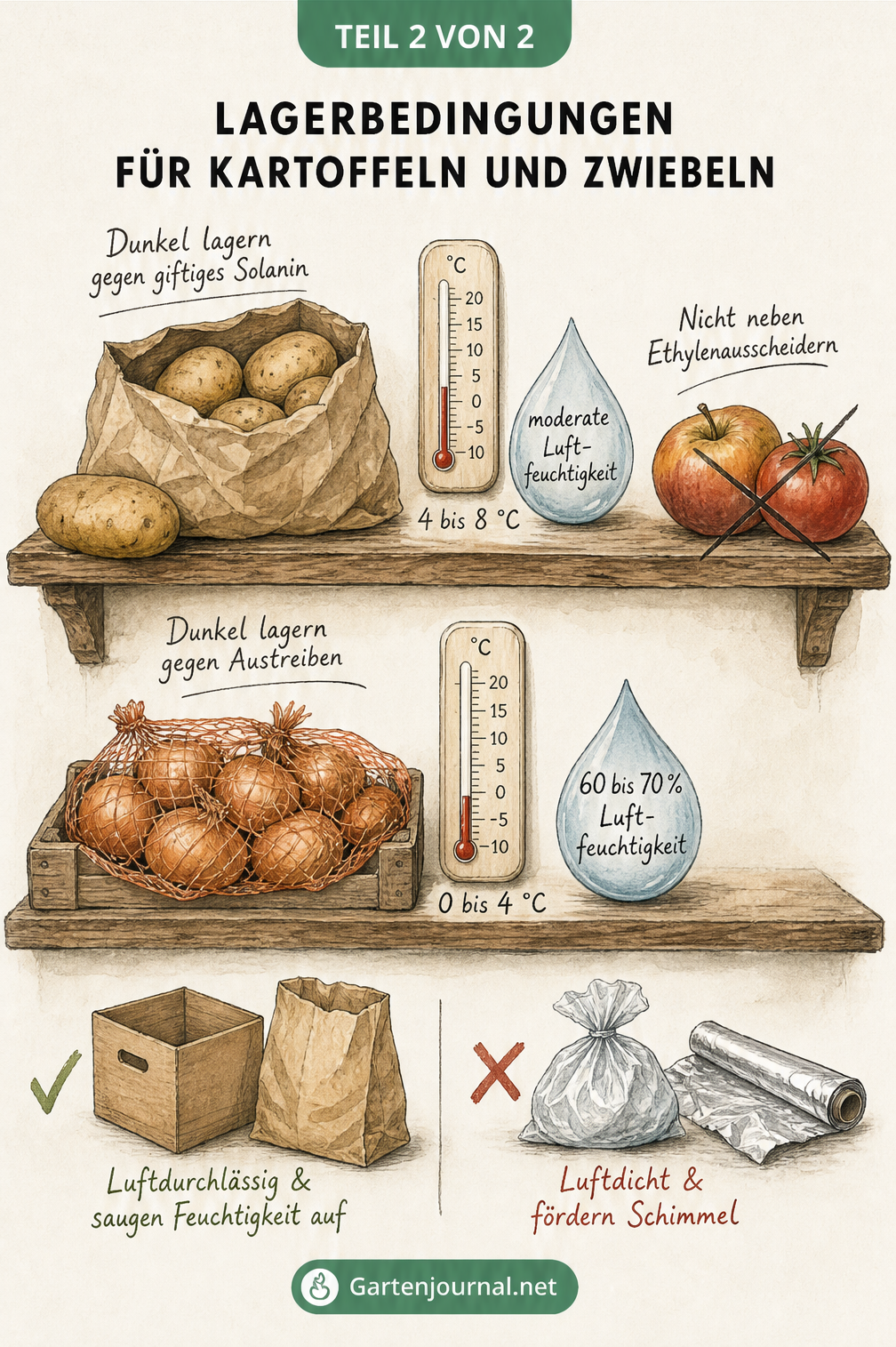 Illustration einer Vorratskammer mit optimalen Lagerbedingungen für Kartoffeln und Zwiebeln in Regalen