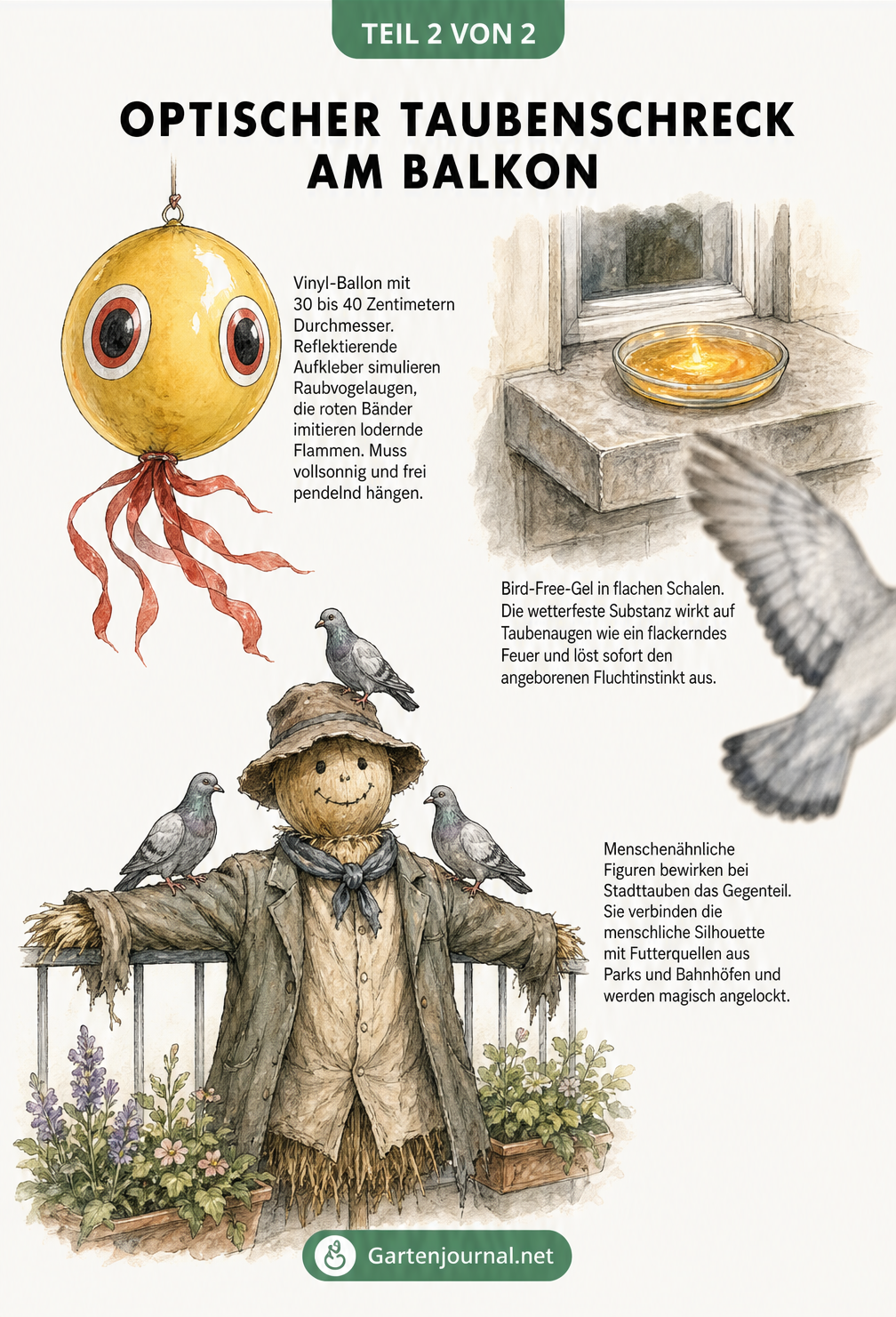 Illustration verschiedener optischer Taubenschrecks: Ein gelber Ballon mit Raubvogelaugen, Bird-Free-Gel in einer Schale und eine klassische Vogelscheuche mit...