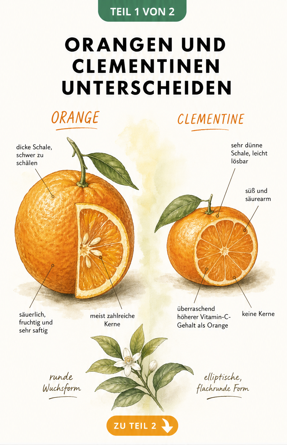 Illustration einer Orange und einer Clementine im Vergleich mit Hinweisen zu Schale, Geschmack und Kernen