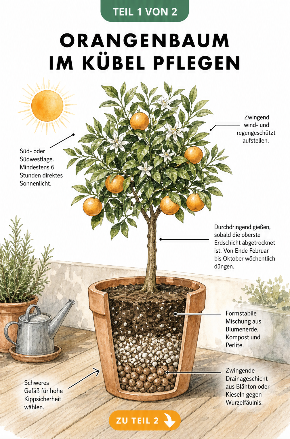 Illustration eines Orangenbaums im Terrakotta-Topf mit Hinweisen zu Standort, Gießen, Düngen und Substrat