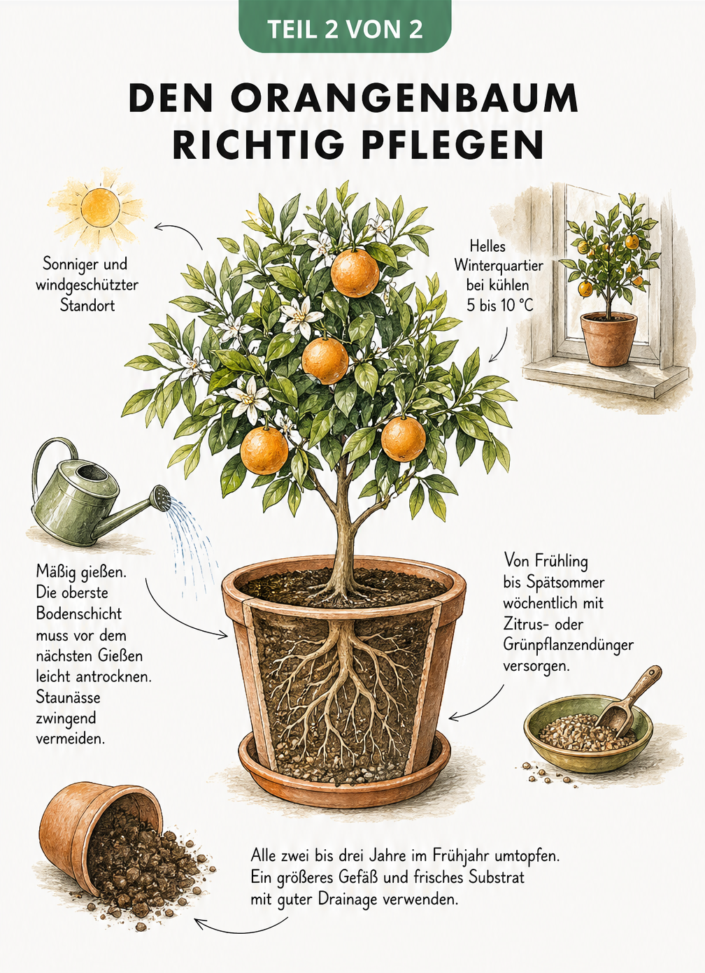 Aquarell-Illustration eines Orangenbaums im Topf mit Hinweisen zu Standort, Gießen, Düngen und Umtopfen