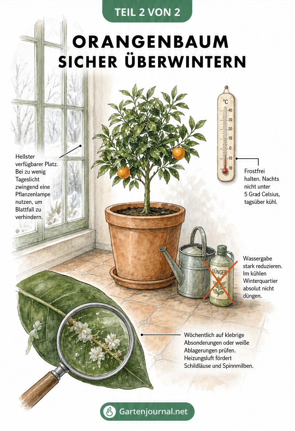 Illustration eines Orangenbaums im Winterquartier mit Tipps zu Licht, Temperatur und Gießen