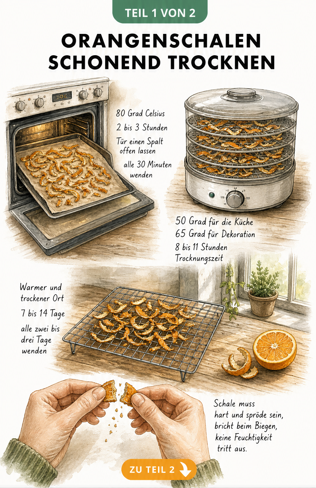 Illustration von drei Methoden zum Trocknen von Orangenschalen: im Backofen, im Dörrautomat und an der Luft.