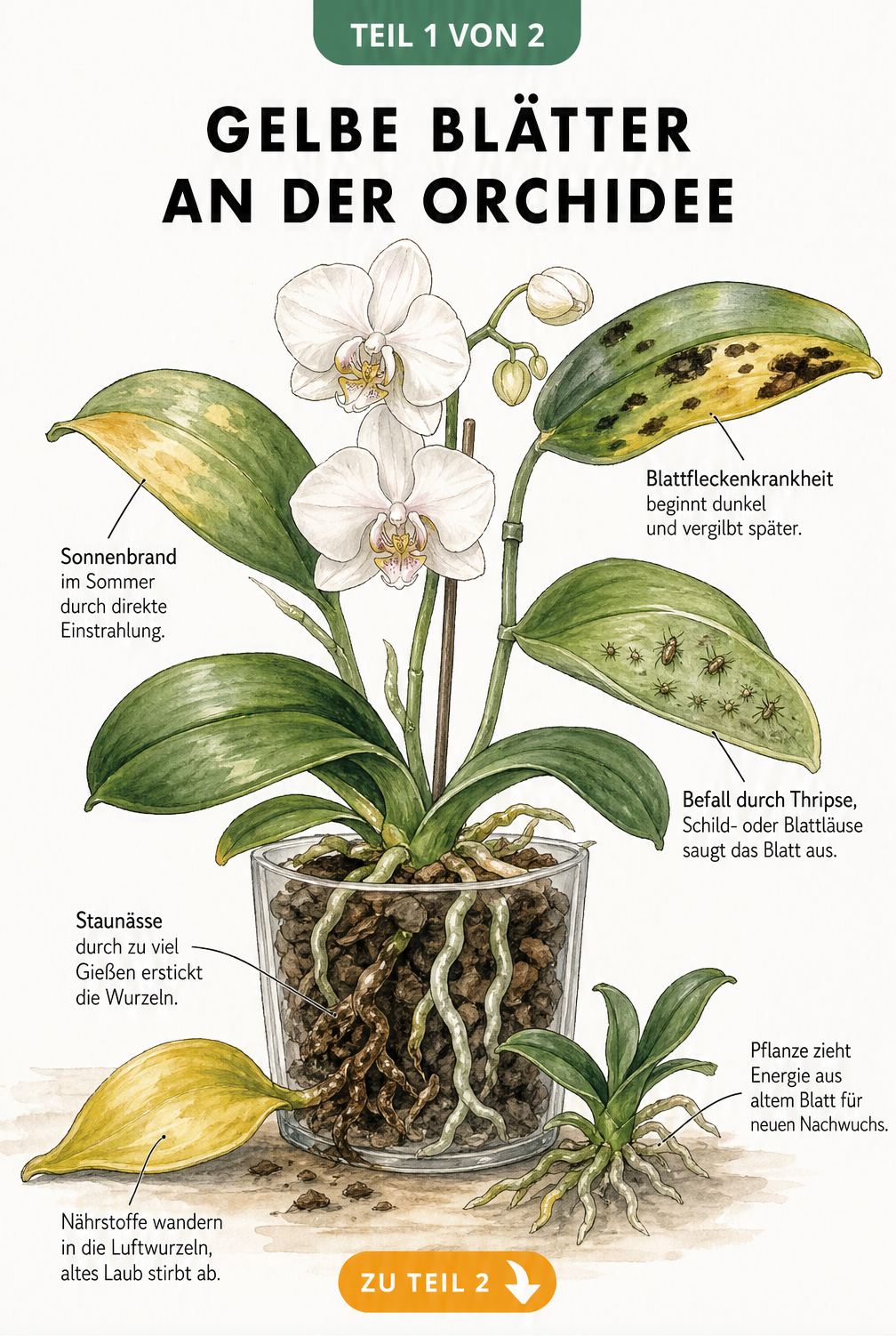 Botanische Illustration einer Orchidee mit gelben Blättern, die Ursachen wie Staunässe, Sonnenbrand und Schädlinge zeigt