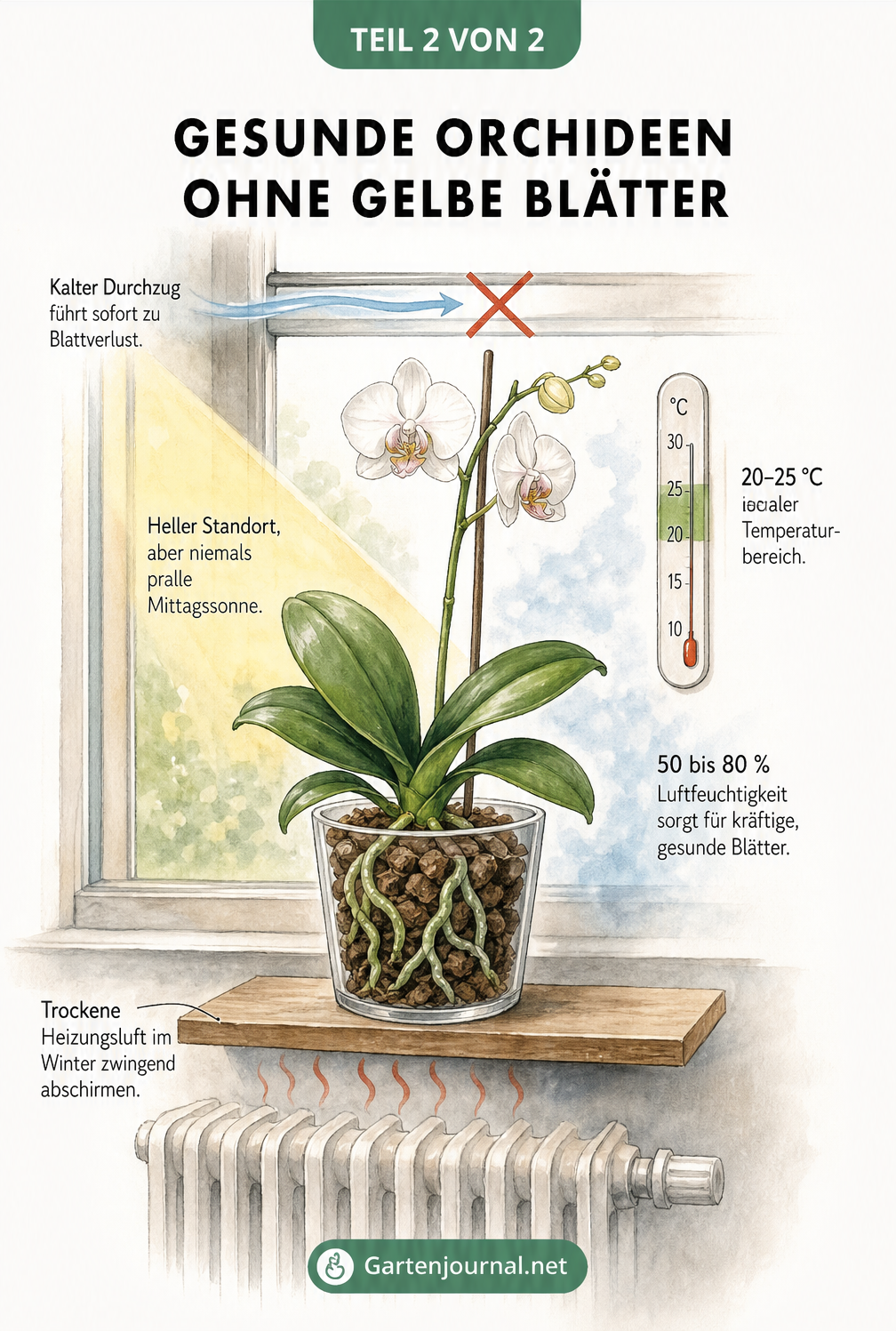 Schnittzeichnung eines Fenstersimses mit einer gesunden Orchidee, die das ideale Mikroklima mit Licht, Temperatur und Luftfeuchtigkeit zeigt