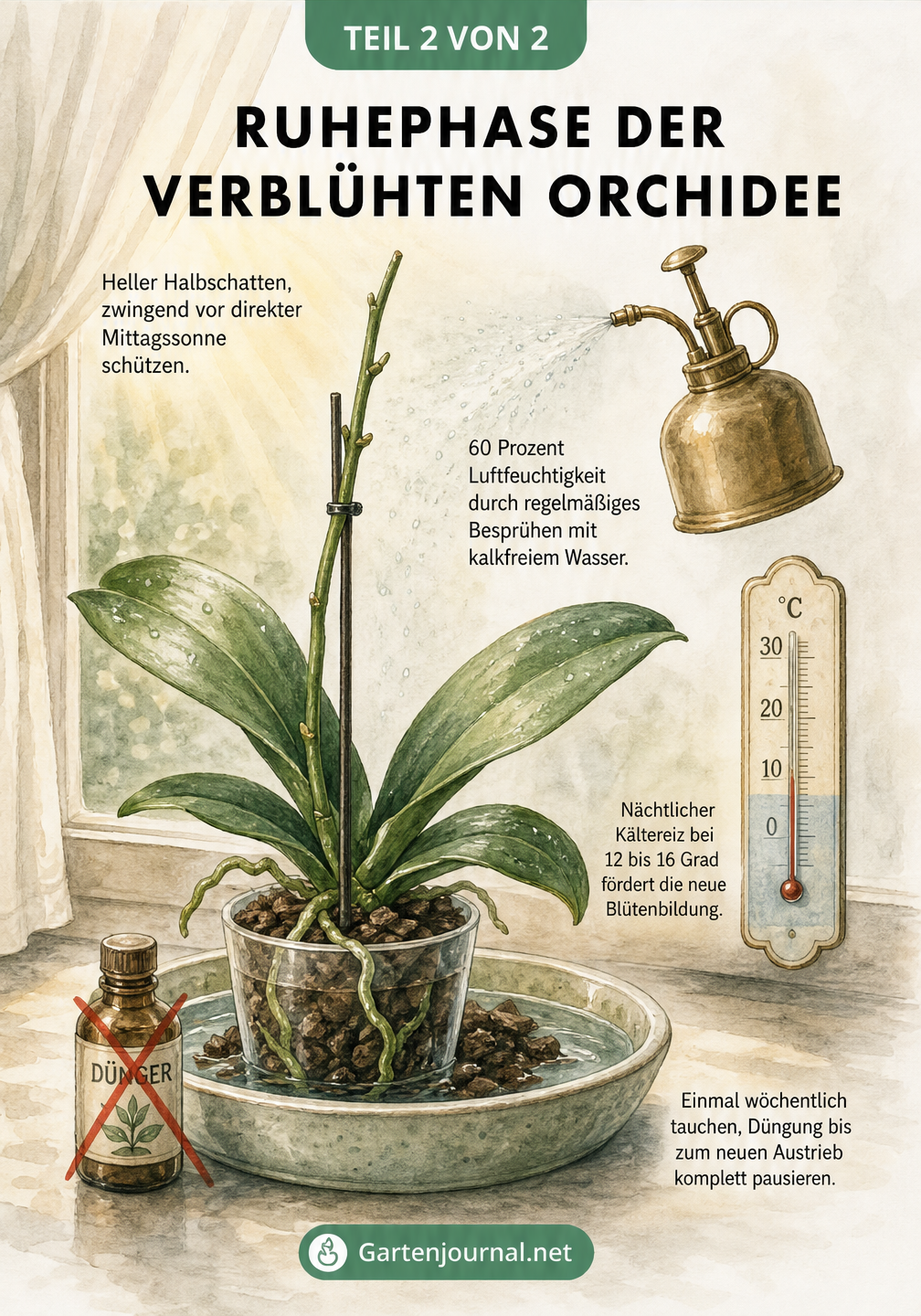 Illustration einer blütenlosen Orchidee auf der Fensterbank mit Hinweisen zu Licht, Temperatur, Luftfeuchtigkeit und Gießen während der Ruhephase