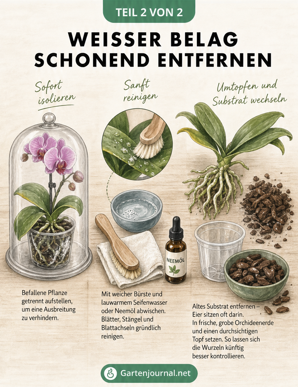Illustration eines Pflanztisches mit Orchidee, weicher Bürste, Seifenlösung, Neemöl und frischem Substrat