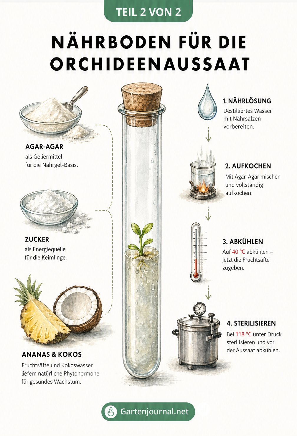 Illustration eines Reagenzglases mit Orchideen-Sämling auf Agar-Agar sowie Zutaten wie Kokoswasser und der Sterilisierungsprozess.