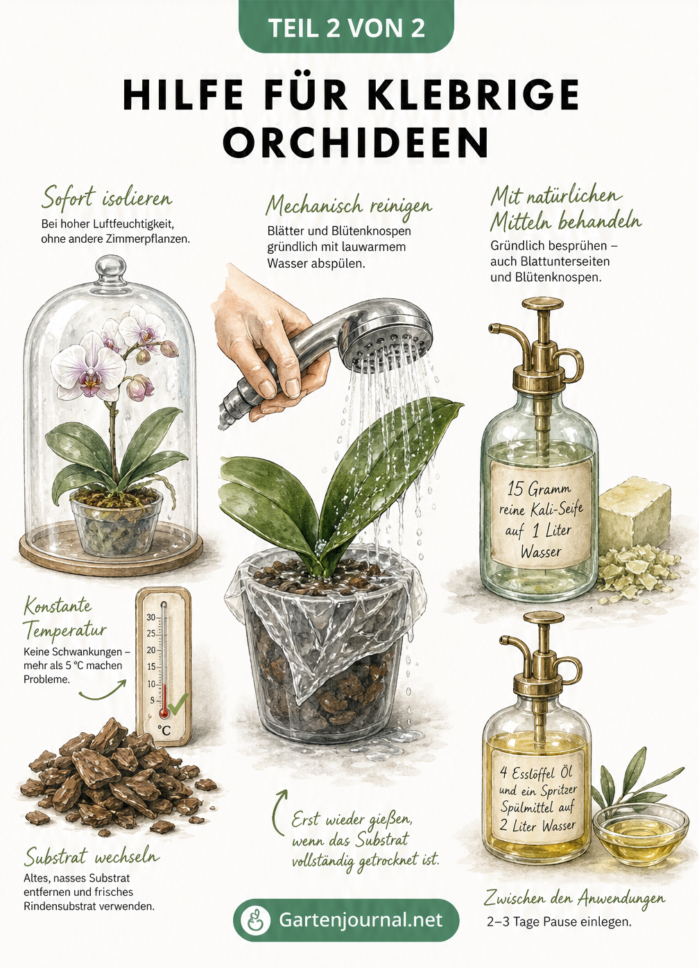 Illustration einer botanischen Werkbank mit Schritten zur Behandlung klebriger Orchideen: Quarantäne, Reinigung und natürliche Hausmittel.