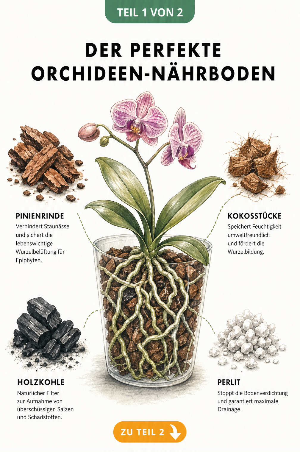 Botanische Illustration eines transparenten Pflanztopfes mit Orchideenwurzeln und den vier Substrat-Bestandteilen Pinienrinde, Kokos, Holzkohle und Perlit.