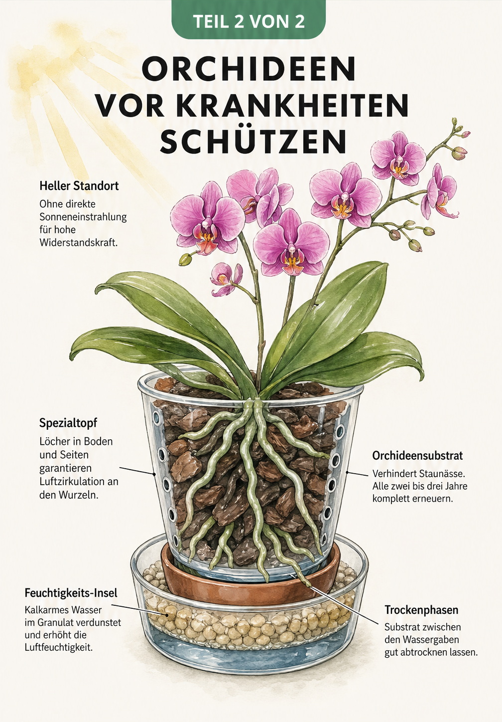 Querschnitt einer gesunden Orchidee im Spezialtopf mit Orchideensubstrat und Feuchtigkeits-Insel zur Vorbeugung von Krankheiten.