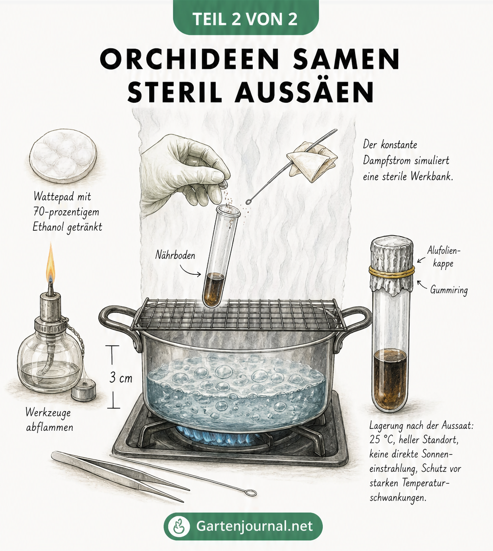 Querschnitt-Zeichnung einer sterilen Werkbank über einem kochenden Wassertopf zur Aussaat von Orchideensamen auf Nährboden