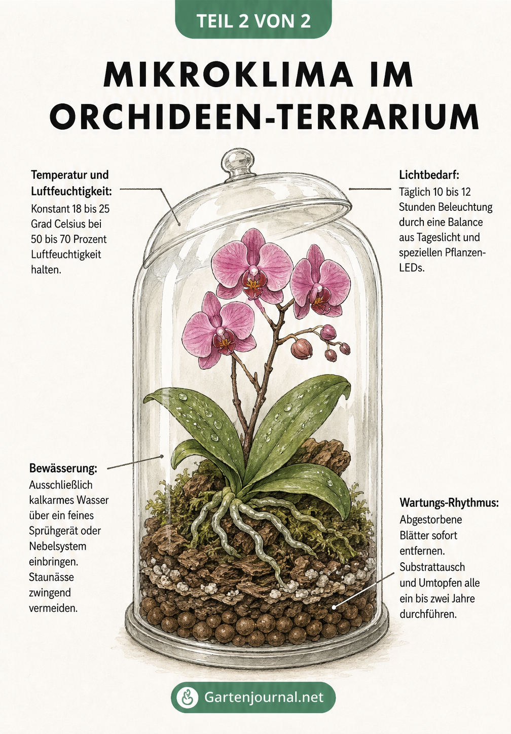 Illustration einer Phalaenopsis-Orchidee im Terrarium mit Hinweisen zu Temperatur, Lichtbedarf, Bewässerung und Wartung