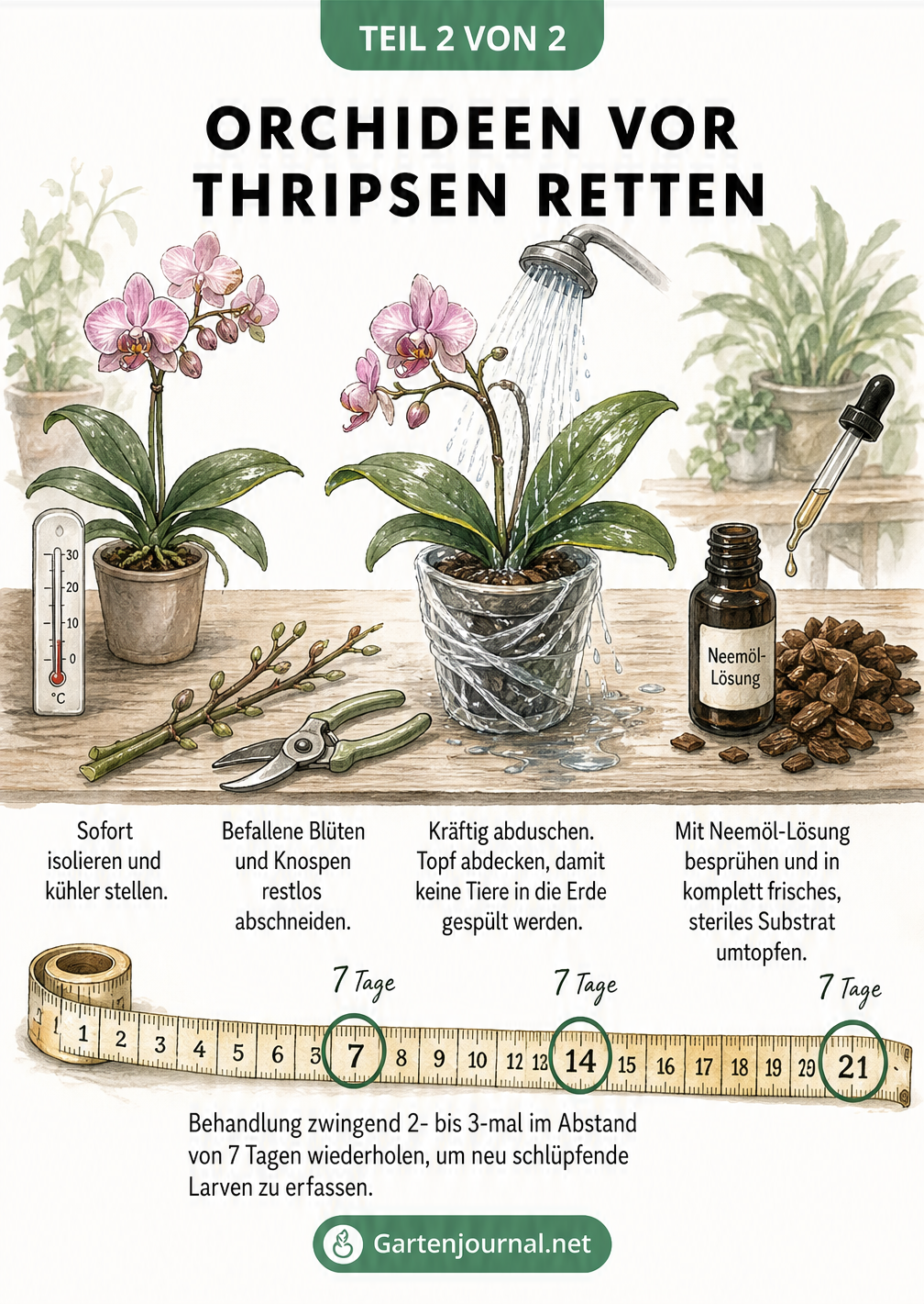 Illustration von Rettungsmaßnahmen für Orchideen bei Thripsbefall: Isolieren, Abduschen, Neemöl anwenden und umtopfen.