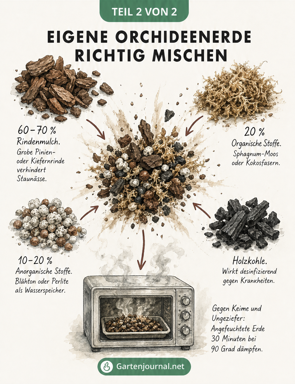 Zusammensetzung von Orchideenerde: Rindenmulch, organische Stoffe, anorganische Stoffe und Holzkohle.