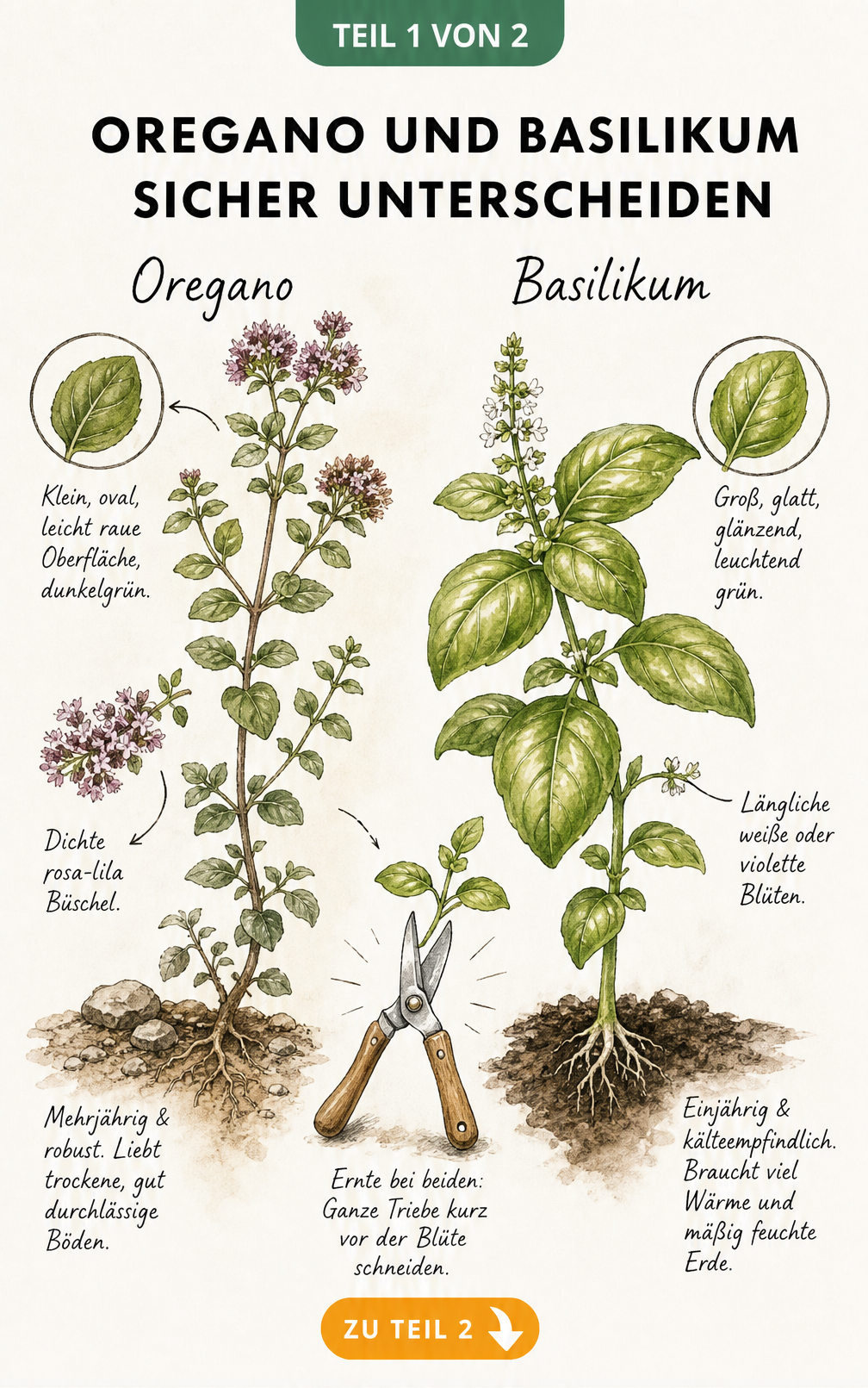 Botanische Illustration von Oregano und Basilikum mit Details zu Blättern, Blüten und Bodenansprüchen