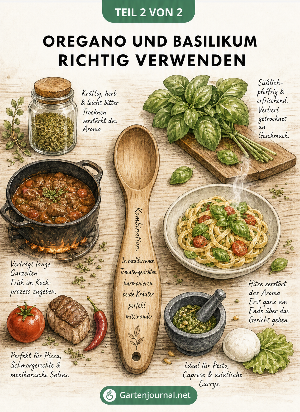 Illustration zur Verwendung von Oregano und Basilikum in der Küche mit passenden Gerichten