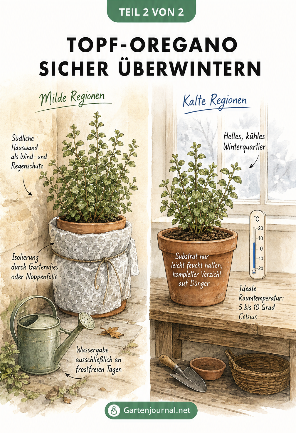 Illustration von zwei Überwinterungsszenarien für Topf-Oregano: draußen mit Isolierung und drinnen am hellen Fenster