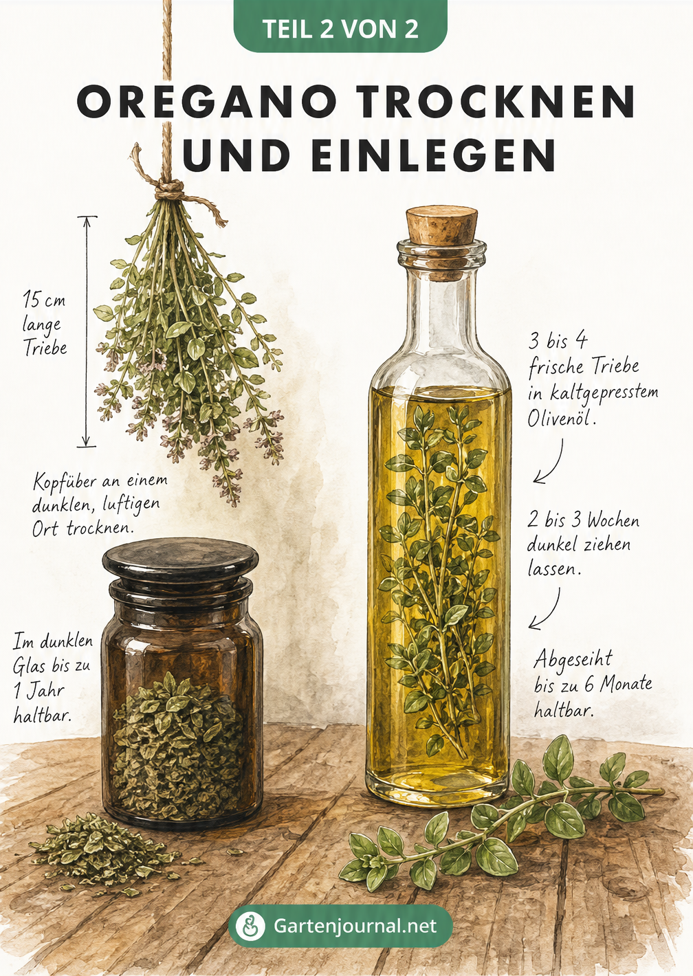 Illustration von getrocknetem Oregano an einer Schnur und frischen Oreganotrieben in einer Flasche mit Olivenöl.