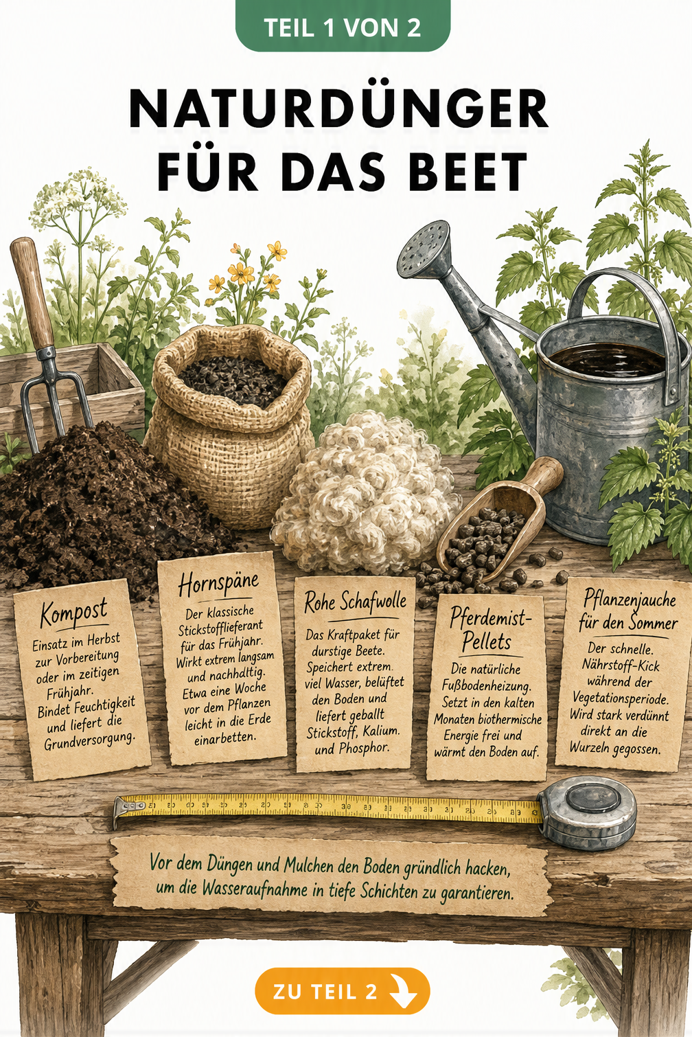 Illustration eines Pflanztisches mit verschiedenen organischen Düngern wie Kompost, Hornspänen, Schafwolle und Pferdemist für das Gartenbeet.
