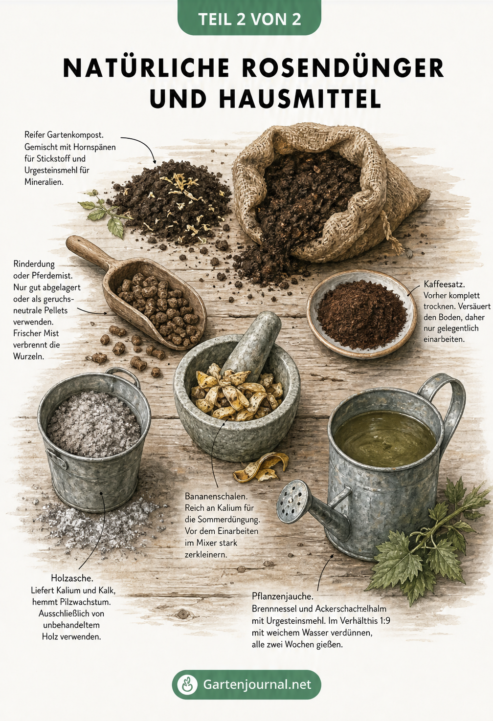 Illustration verschiedener organischer Rosendünger und Hausmittel wie Kompost, Rinderdung, Kaffeesatz, Bananenschalen, Holzasche und Pflanzenjauche auf einem...