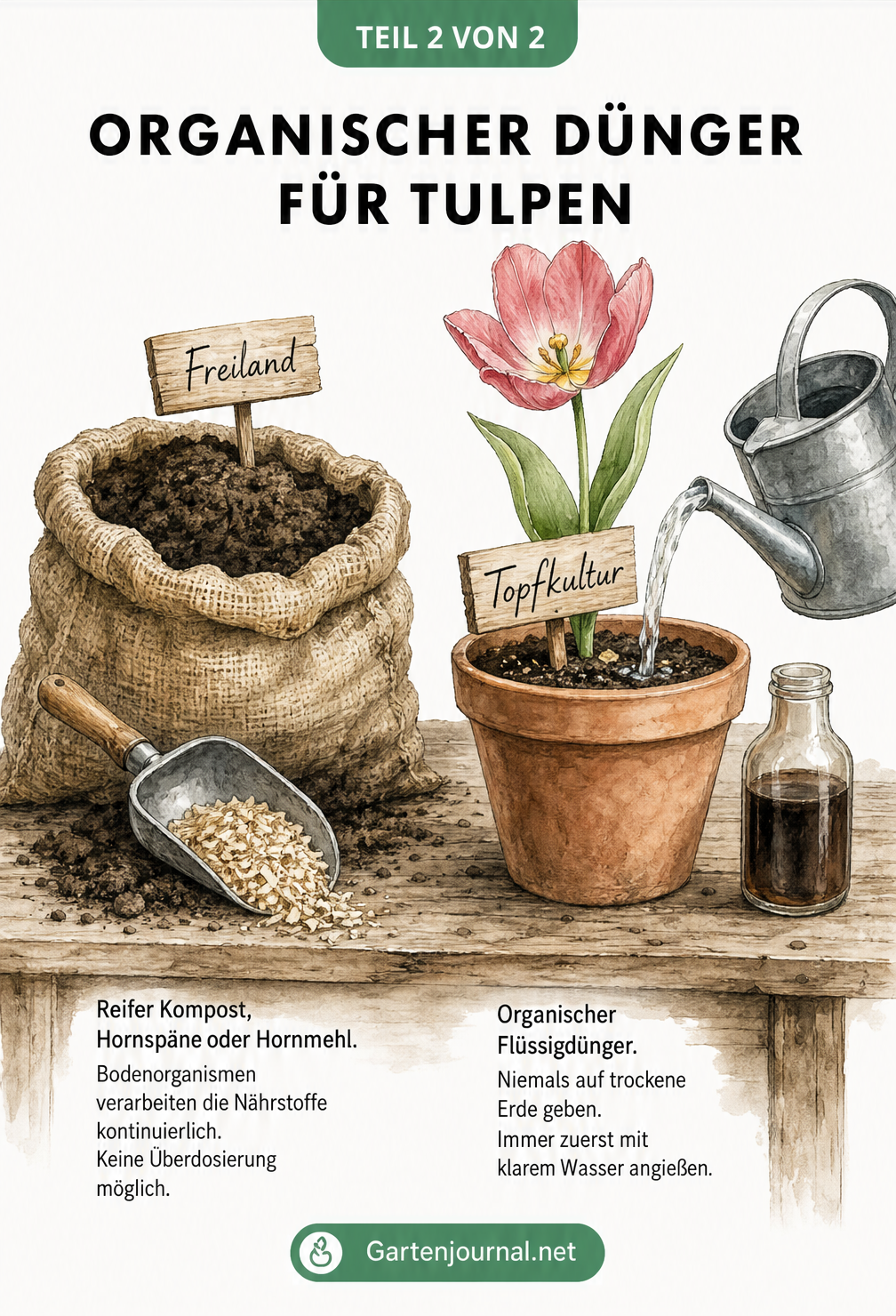 Aquarell-Illustration eines Pflanztisches mit Kompost und Hornspänen für Freiland-Tulpen sowie Flüssigdünger für Tulpen im Topf