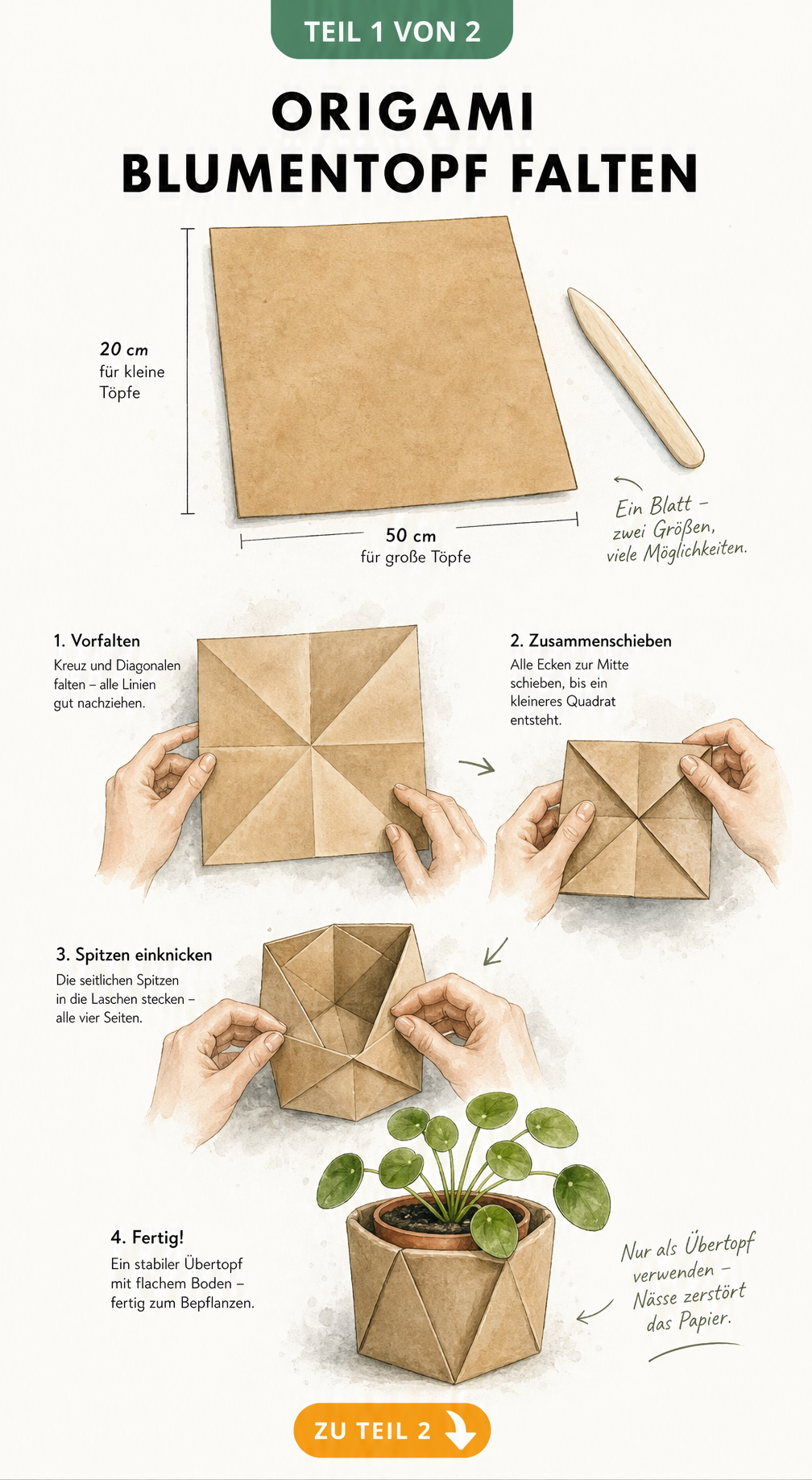 Botanische Skizze zeigt das Falten eines Origami-Blumentopfs aus Papier mit Falzbein und Maßangaben