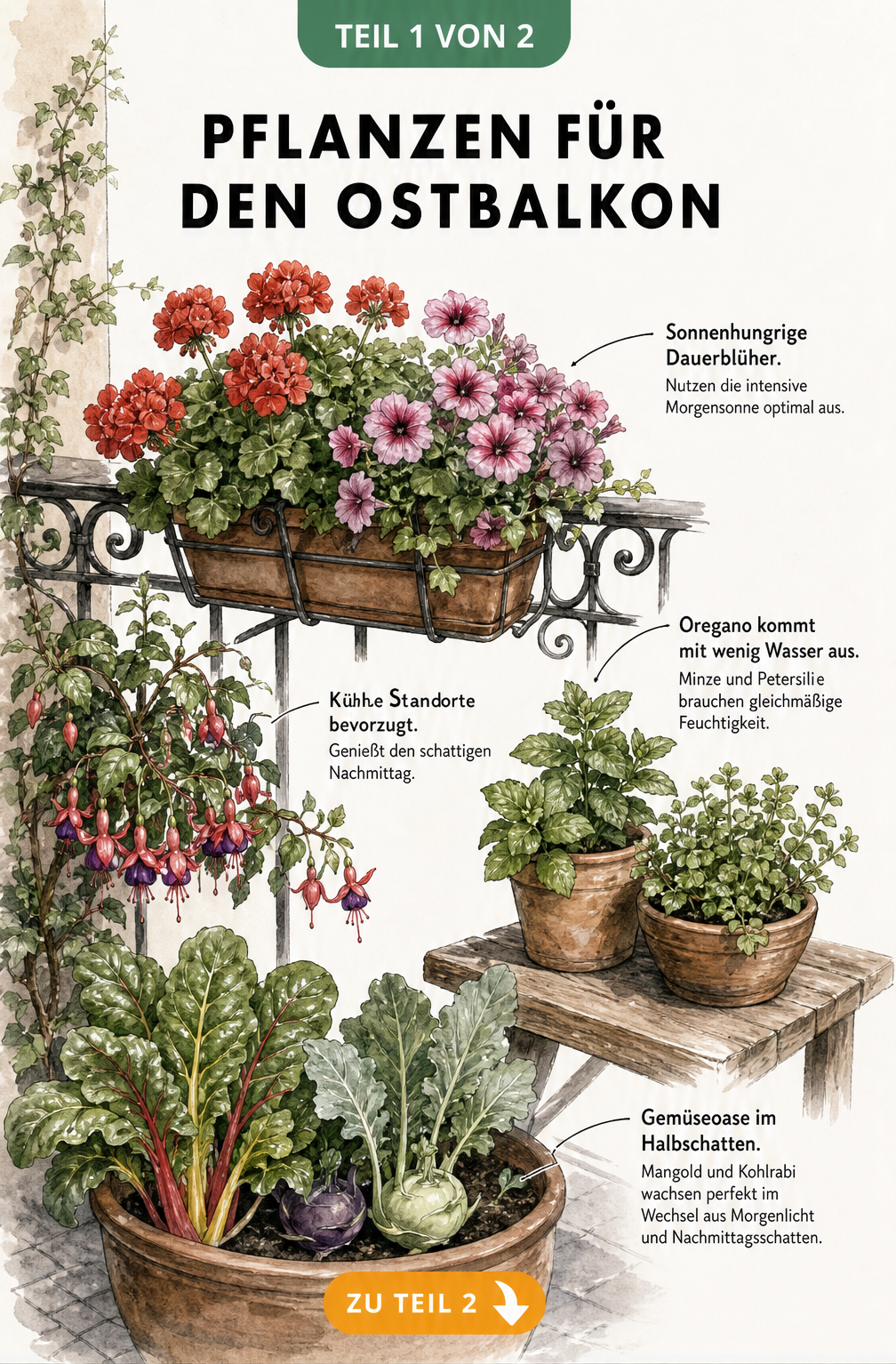 Handgezeichnete Balkonszene mit Geranien, Fuchsien, Minze, Oregano, Mangold und Kohlrabi auf einem Ostbalkon