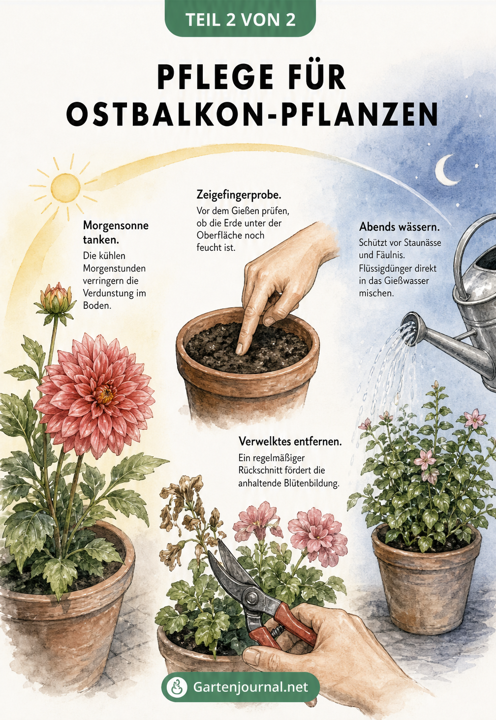 Tagesverlauf auf dem Balkon mit Dahlie in der Morgensonne, Zeigefingerprobe in der Erde, Gartenschere beim Rückschnitt und Gießkanne am Abend