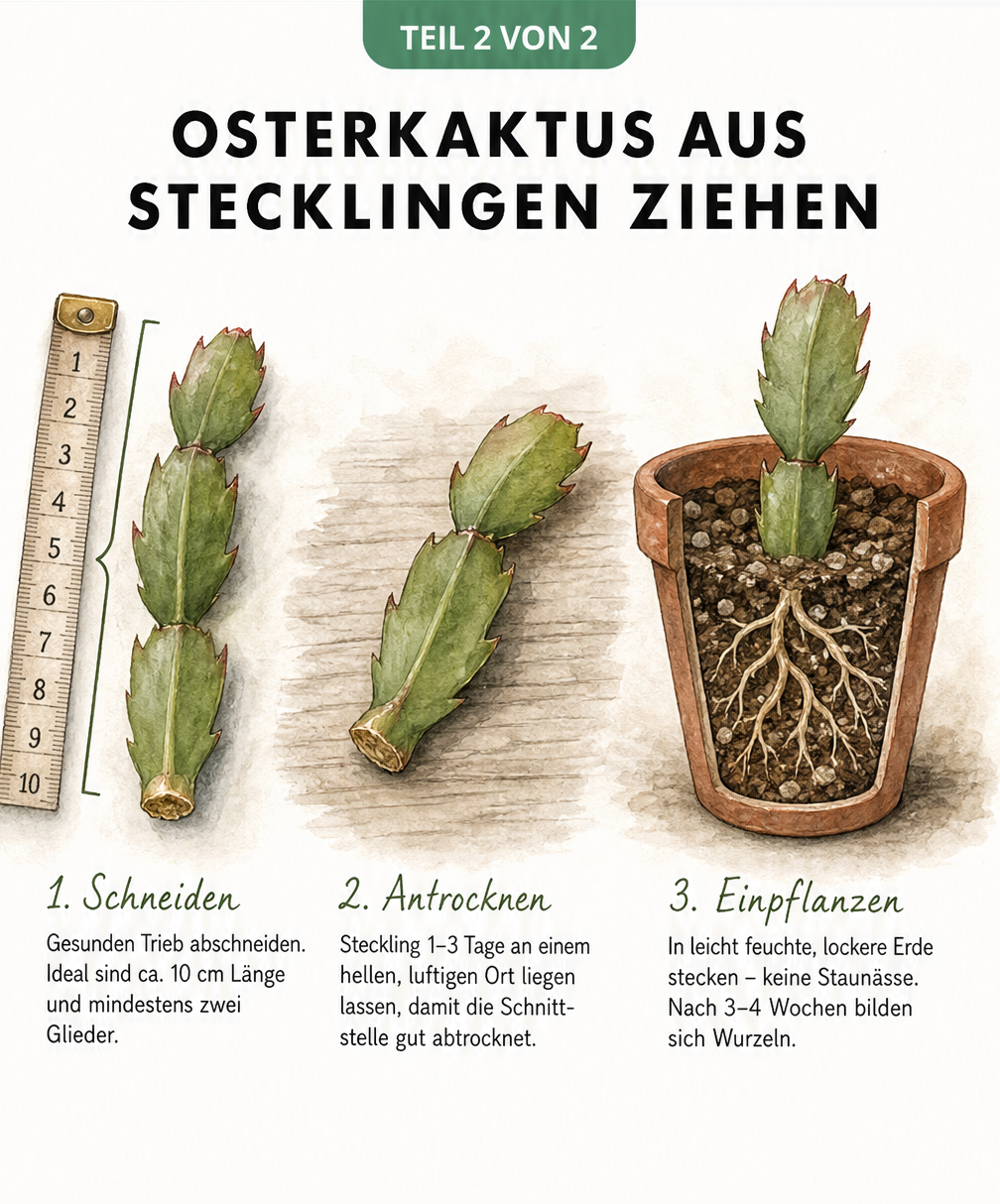 Illustration der Vermehrung eines Osterkaktus: Vom 10 cm langen Trieb über das Antrocknen bis zum Einpflanzen in einen Terrakotta-Topf.