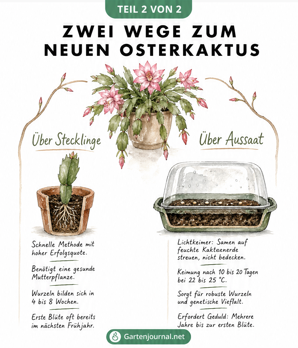 Gegenüberstellung der Vermehrungsmethoden für Osterkakteen: Ein kräftiger Steckling im Topf und winzige Samen in einer Anzuchtschale.
