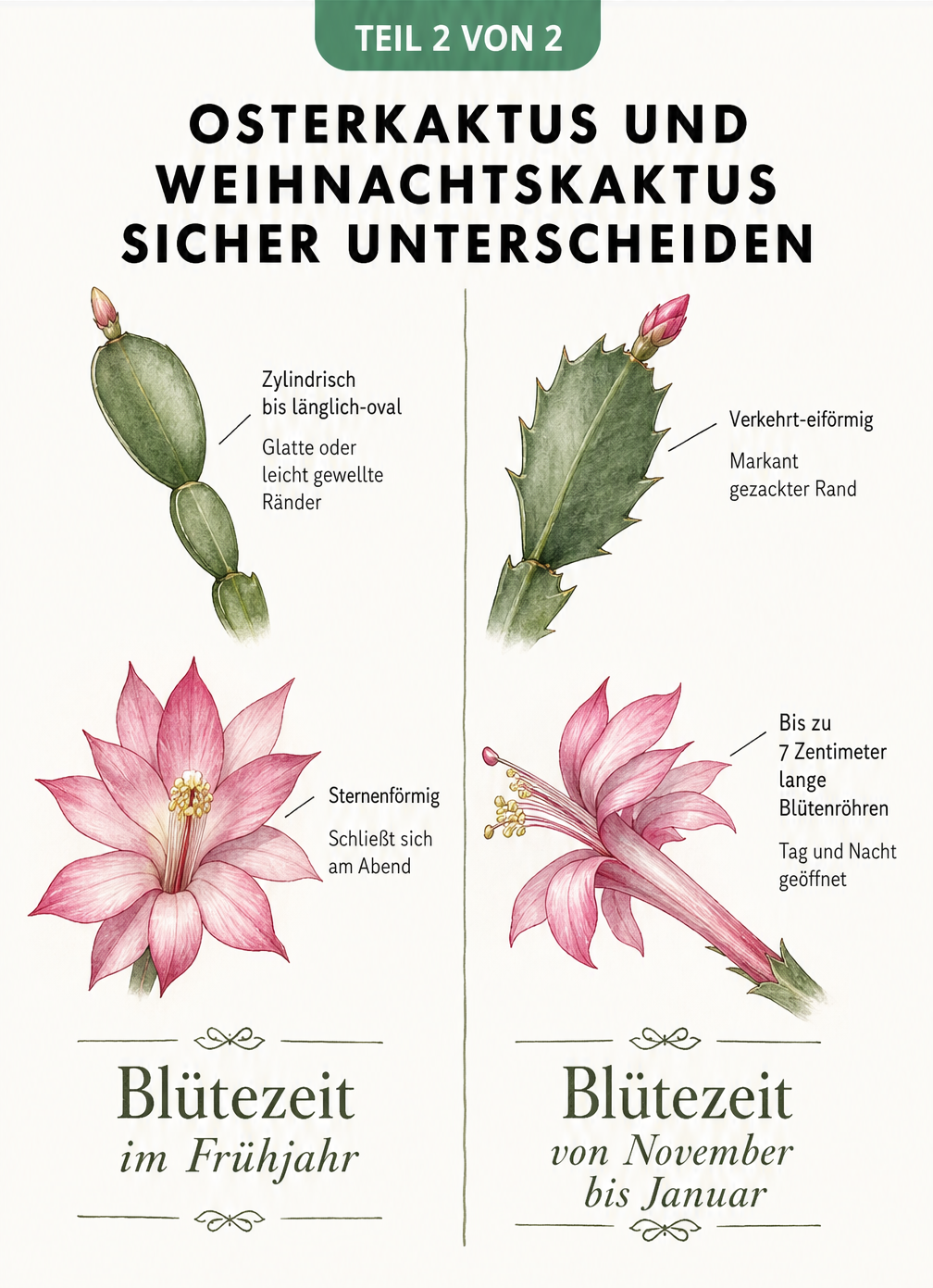Gegenüberstellung von Osterkaktus und Weihnachtskaktus mit Details zu Blattformen, Blüten und Blütezeit