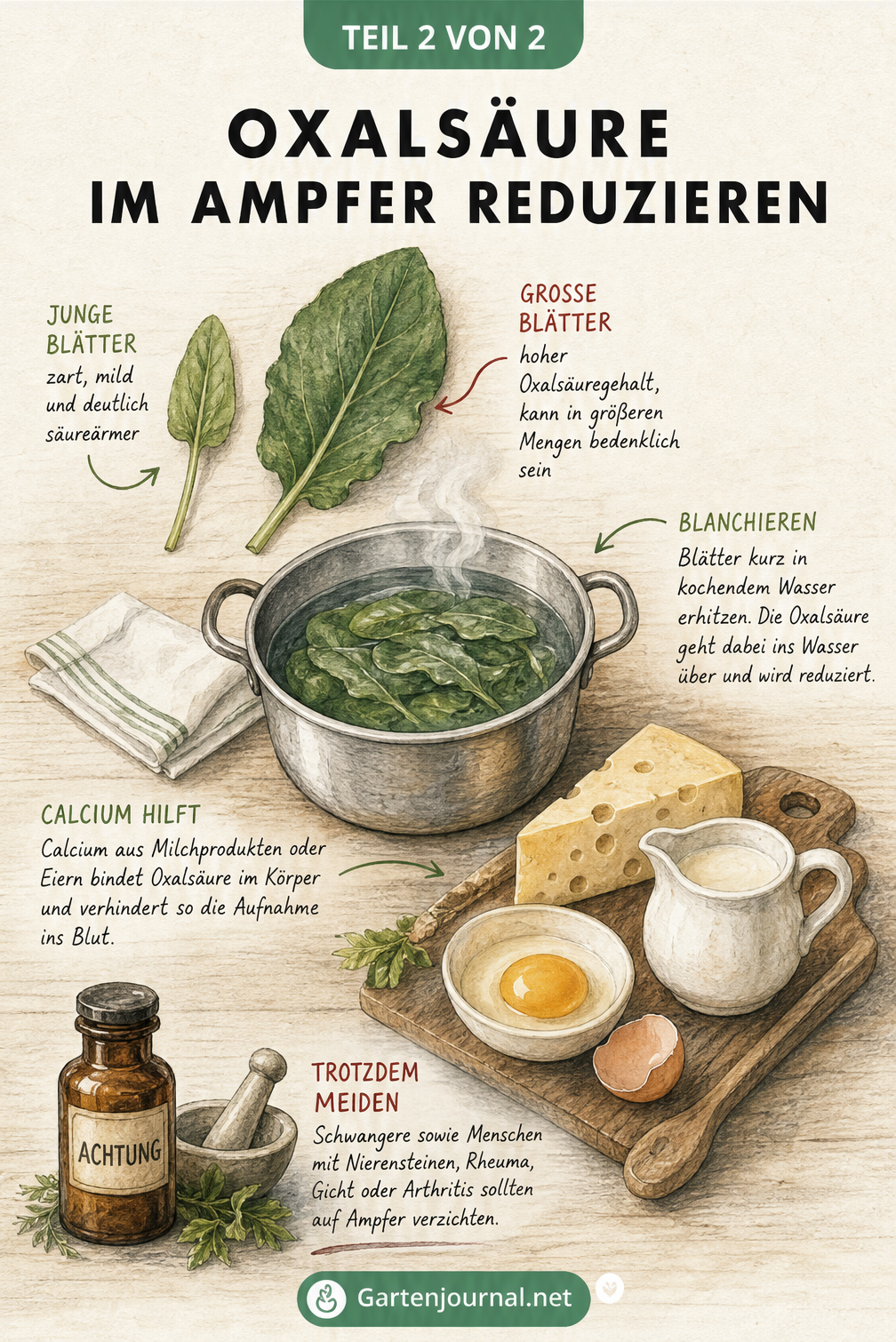 Illustration zur Reduzierung von Oxalsäure im Ampfer durch Blanchieren und Kombination mit Calcium