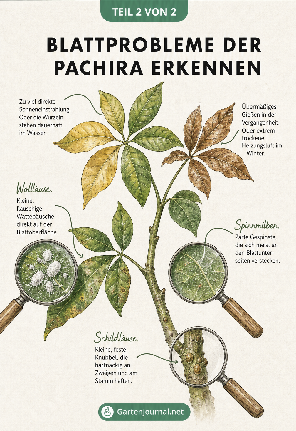 Nahaufnahme eines Pachira-Zweigs mit gelben und braunen Blättern sowie Lupen-Darstellungen von Wollläusen, Spinnmilben und Schildläusen