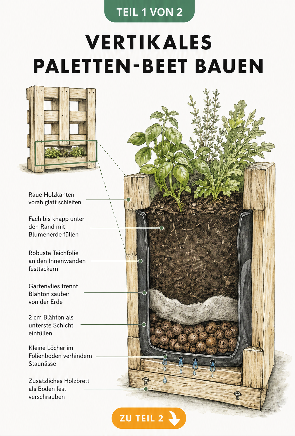 Querschnitt eines bepflanzten Paletten-Fachs mit Schichten aus Blähton, Gartenvlies und Blumenerde sowie Teichfolie