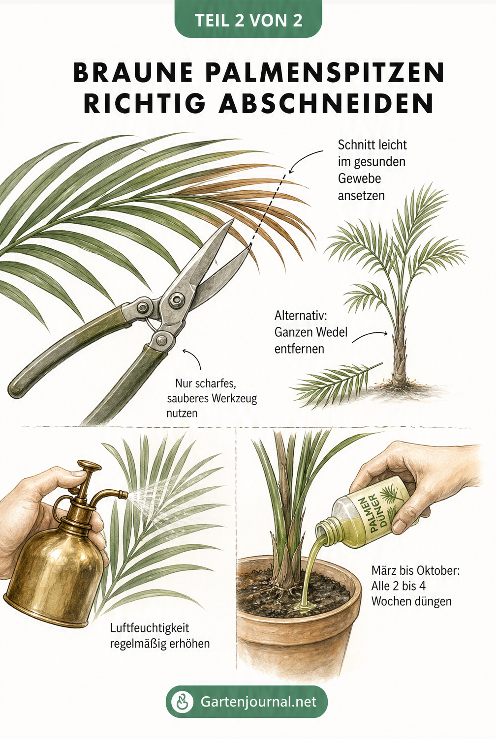 Zeichnung eines Palmenwedels, bei dem eine Gartenschere die braune Spitze knapp im gesunden Gewebe abschneidet, sowie Tipps zum Düngen und Besprühen.
