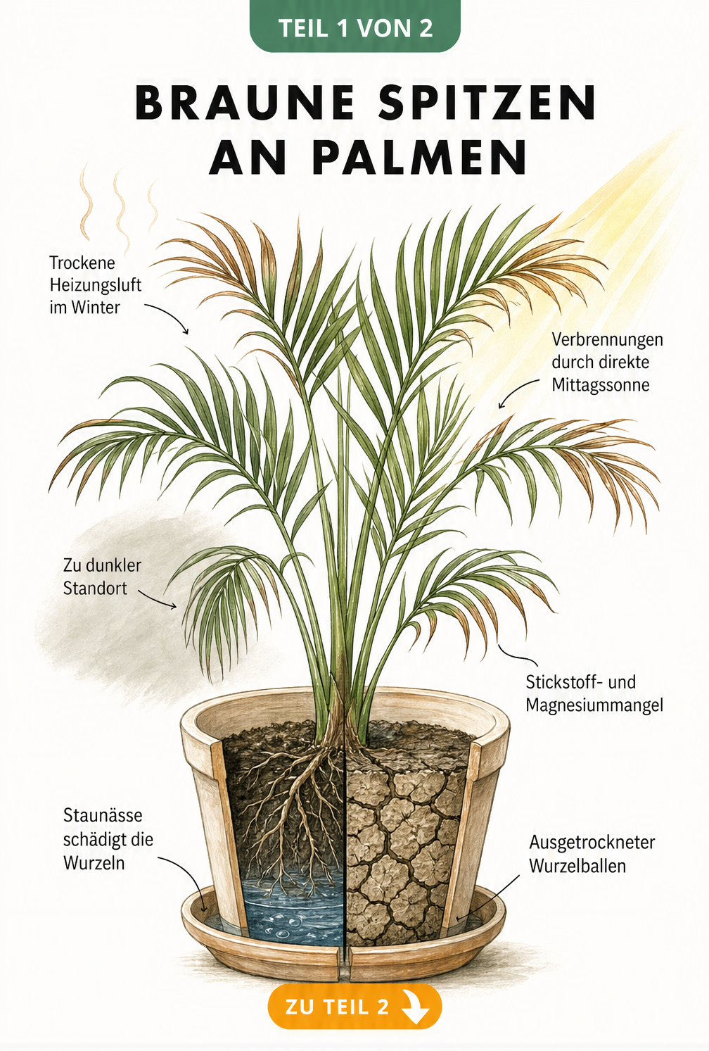 Illustration einer Zimmerpalme im Querschnitt-Topf, die Ursachen für braune Spitzen wie Staunässe, Trockenheit, Nährstoffmangel und falsches Licht zeigt.