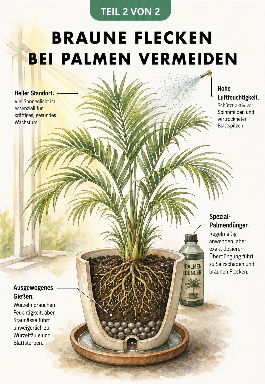 Illustration einer gesunden Palme im Topf mit Hinweisen zu Licht, Luftfeuchtigkeit, Dünger und Gießen