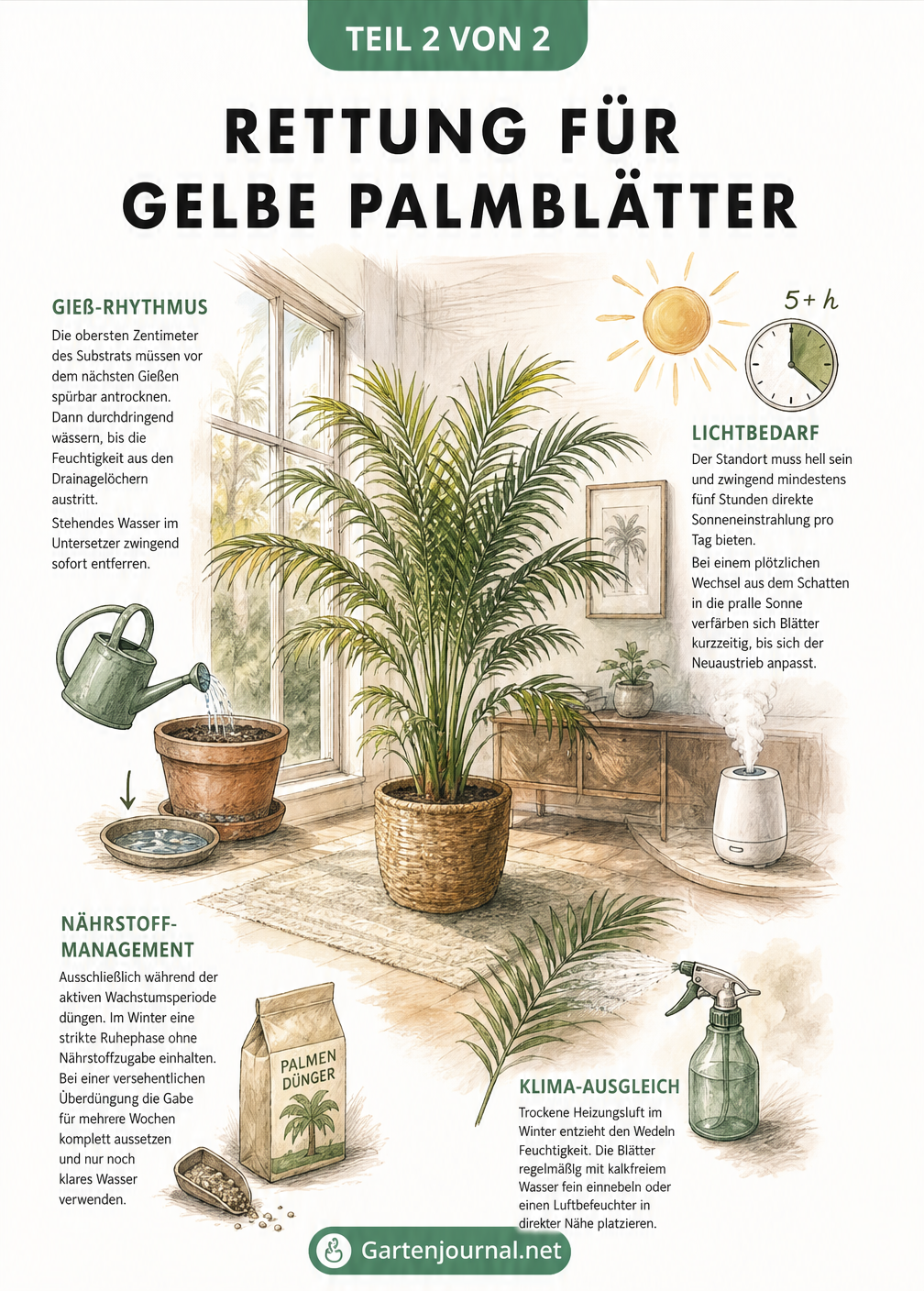 Isometrische Raumskizze einer Palme am idealen Standort mit Pflegehinweisen zu Gießen, Licht und Luftfeuchtigkeit