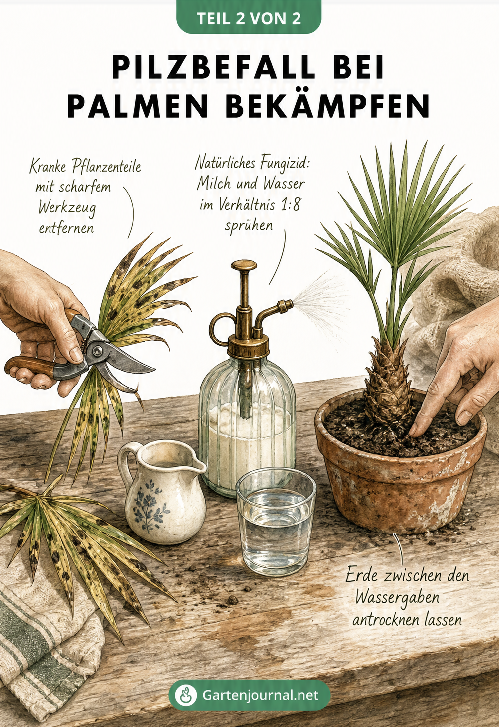 Illustration eines Pflanztisches mit Gartenschere, Milch-Wasser-Mischung in Sprühflasche und gesundem Palmen-Ableger in Erde