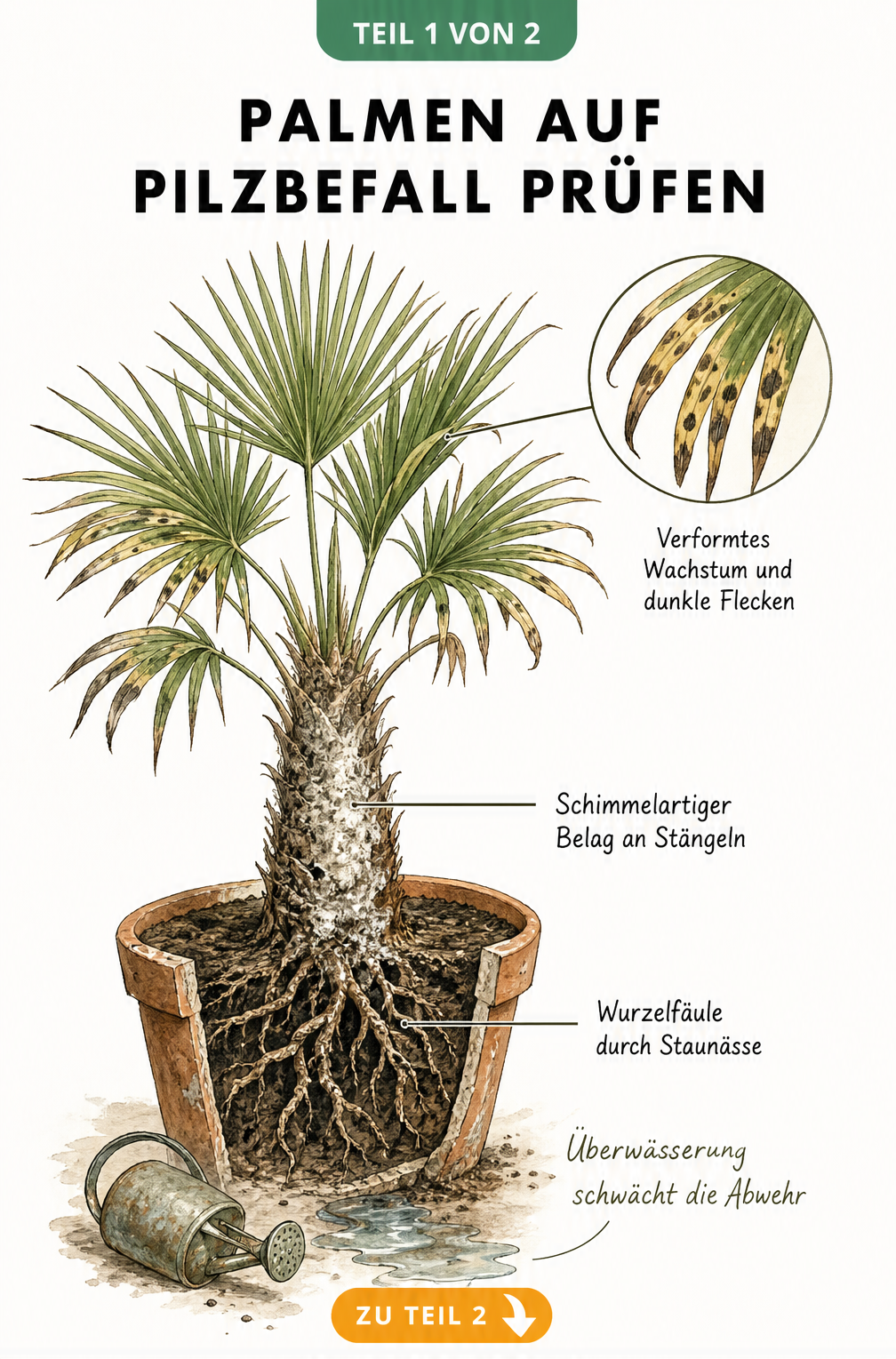 Botanische Illustration einer Palme im Querschnitt mit Symptomen wie verformten Blättern, Schimmel am Stamm und Wurzelfäule