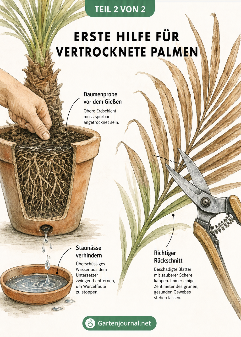 Schnittzeichnung einer Palme im Topf mit Daumenprobe der Erde und einer Schere, die ein braunes Blatt abschneidet.