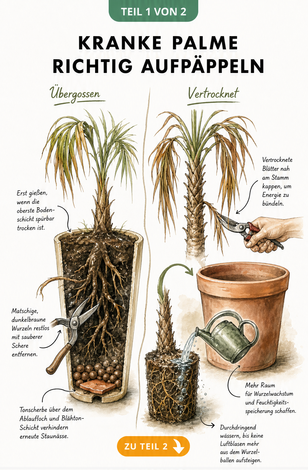 Illustration einer übergossenen Palme mit matschigen Wurzeln und einer vertrockneten Palme mit braunen Blättern